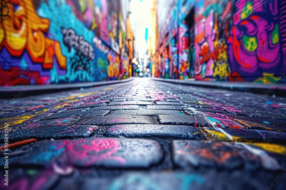Naklejka premium Vibrant art street with graffiti covered walls