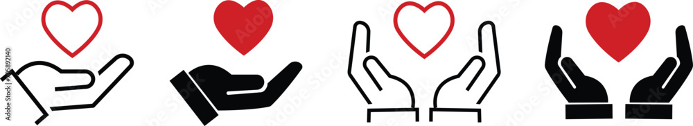 Heart in hand icons set. Hands holding heart icon. Love icon. Health ...
