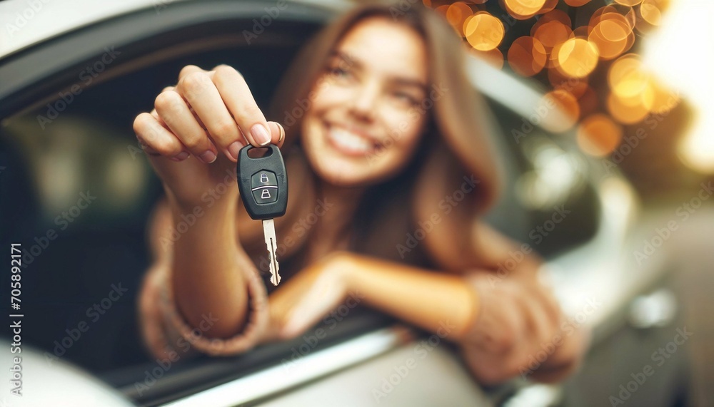 Happy woman buying new car - Delightful girl showing auto keys to the camera - Automobile industry and rental car concept - obrazy, fototapety, plakaty 