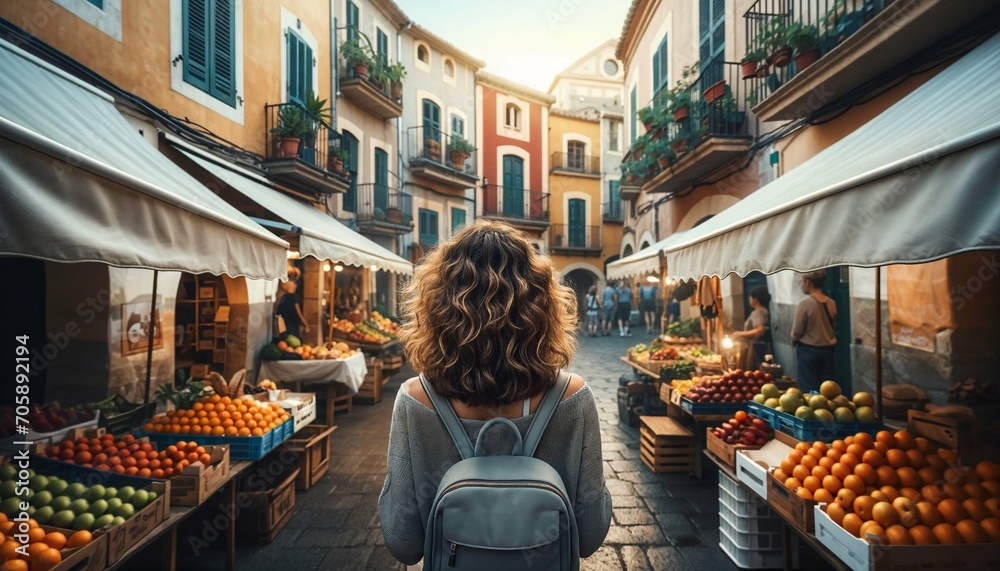 Obraz premium Solo travel adventure - Young backpacker girl exploring the streets of an old town in Spain