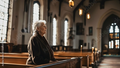 Natural light in a church illuminates an old woman praying photo