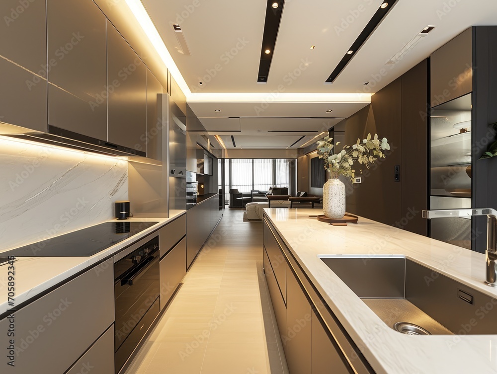 Sleek and simple kitchen design, focusing on functionality with minimal decor and clutter-free surfaces.