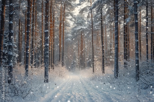 Snow-Covered Winter Forest background, a winter woodland with subjects in a snowy forest.