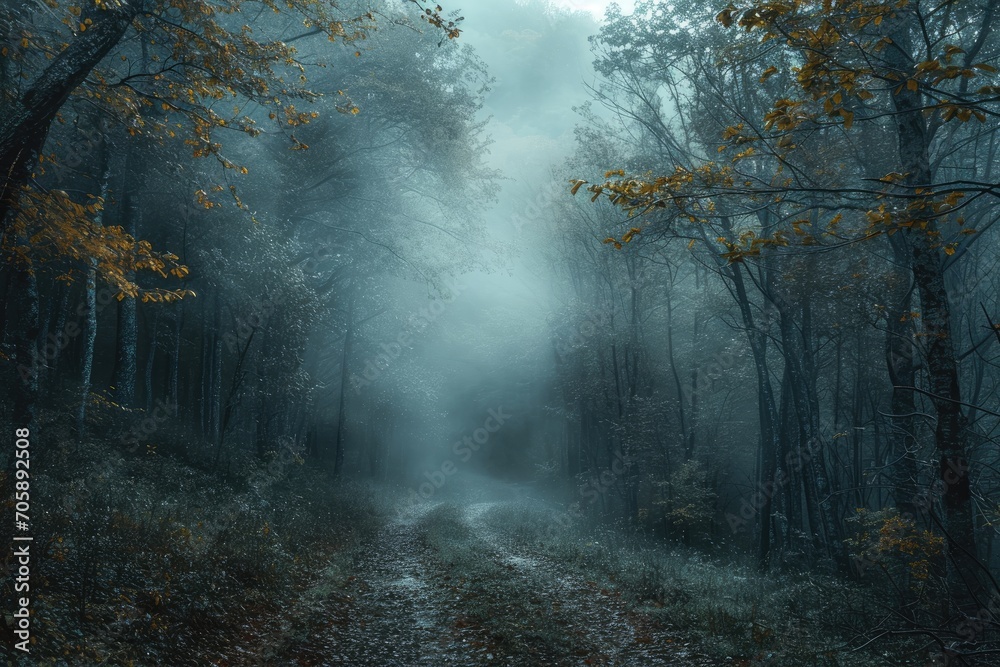 Fototapeta premium Mystical forest with fog-shrouded trees, nature of mystery background