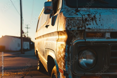 An old van parked on the side of the road. Can be used to depict vintage transportation or abandoned vehicles.