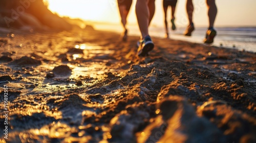 A group of people running on a beautiful beach at sunset. Perfect for fitness and outdoor activity promotions