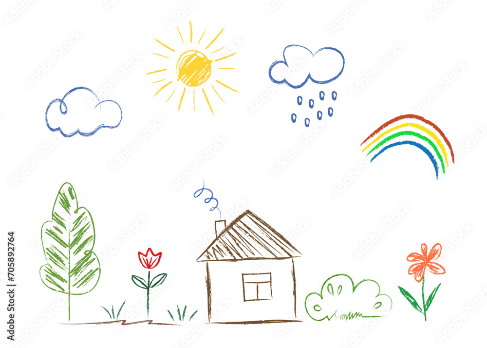 Fototapeta premium Drawings are drawn by a child's hand with colored pencils. House sun clouds rainbow flowers tree. Simple drawings, lines on a white background