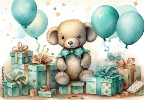 Painting of Teddy Bear With Presents, Adorable Gift-filled Artwork for Kids Rooms
