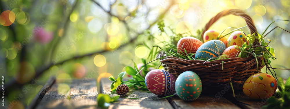 Colorful Easter Eggs in Rustic Basket