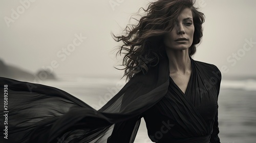 Mystique of the Wind  Elegant Woman with Flowing Hair and Sheer Black Attire Against a Hazy Backdrop.