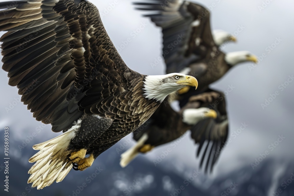Fototapeta premium Two majestic bald eagles soaring through the sky. Perfect for wildlife enthusiasts and nature-themed projects