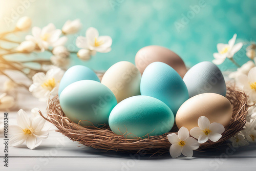 Celebrating Easter, holiday greeting card mockup with light bokeh, flowers and colored eggs.
