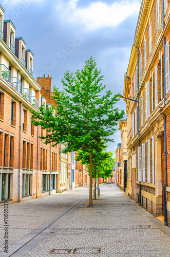 Empty pedestrian narrow street with green trees between buildings in Amiens historical city centre, cloudy sky background, Somme department, Hauts-de-France Region, Northern France