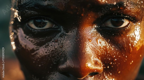 Close-up view of a person's face completely covered in mud. This image can be used to depict concepts such as dirt, messiness, outdoor activities, skincare, or natural beauty