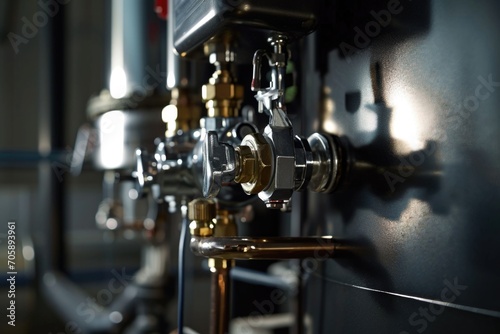 A detailed view of a collection of valves mounted on a wall. This image can be used to illustrate plumbing systems, industrial machinery, or construction projects.