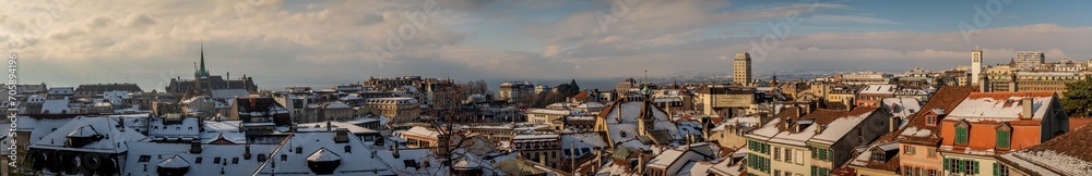 Winter landscape of City of Lausanne, Vaud Canton, Switzerland. Houses using Energy for Heating.