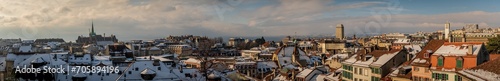 Winter landscape of City of Lausanne, Vaud Canton, Switzerland. Houses using Energy for Heating.