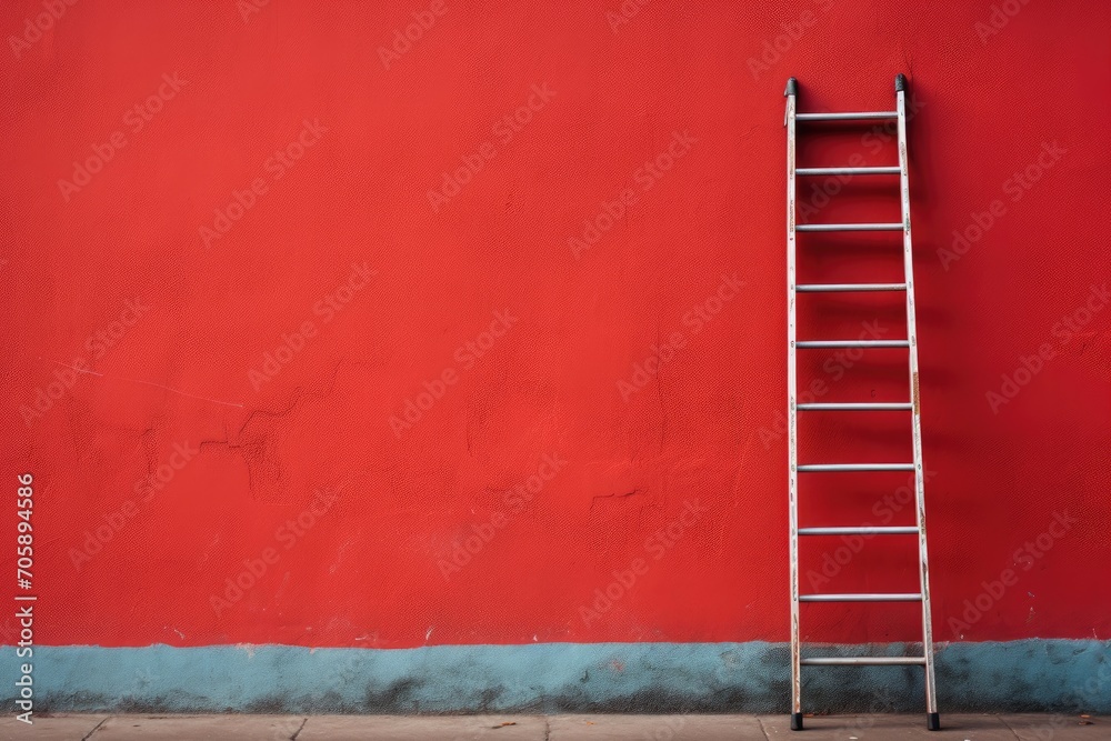 A ladder leaning against a red wall. Minimalism, the path to success. Stairs.