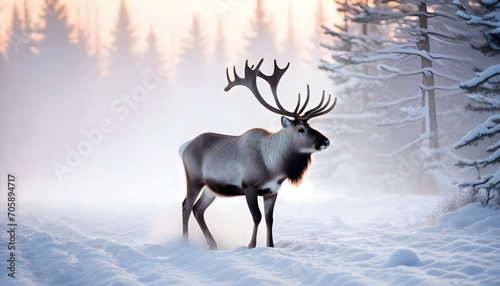 Beautiful reindeer with big antlers walks among the snow in the forest.