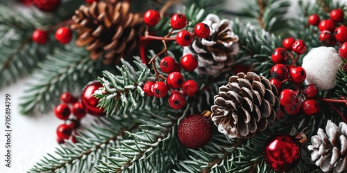 A close-up view of a bunch of pine cones and berries. This image can be used to add a natural touch to winter-themed designs or to enhance rustic and seasonal projects