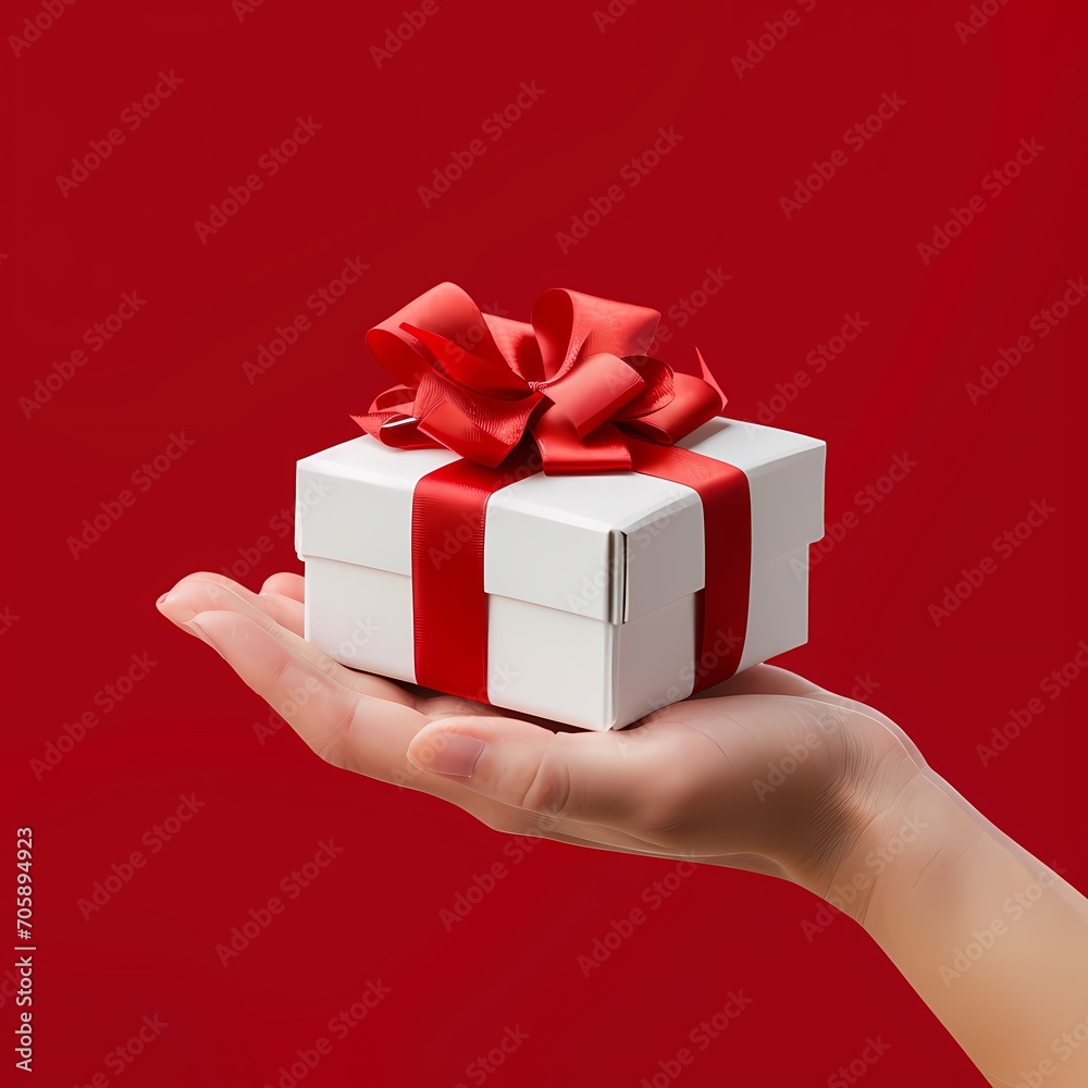 hand holding red gift box with white ribbon and bow on the red background. Valentine's Day hand holding red gift box with white ribbon and bow on the red background. Valentine's Day