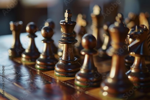 A detailed view of a chess board with numerous pieces. Suitable for illustrating strategic planning and decision-making.