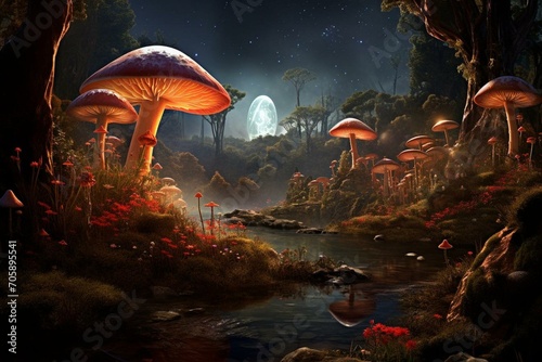 Enchanting scenery featuring enormous fungi, accompanied by a captivating backdrop. Generative AI photo