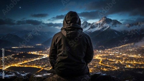 Man in black hooded hat sitting on a rock and looking the city lights from top of mountain in cold snowy weather created with generative ai	 photo