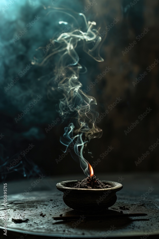 A lit incense stick in a bowl with smoke coming out of it. Perfect for creating a peaceful and calming atmosphere. A lit incense stick in a bowl with smoke coming out of it. Perfect for creating a peaceful and calming atmosphere.
