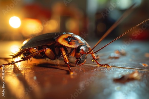 A close up view of a cockroach sitting on a table. This image can be used to depict pests, insects, or unclean environments © Fotograf