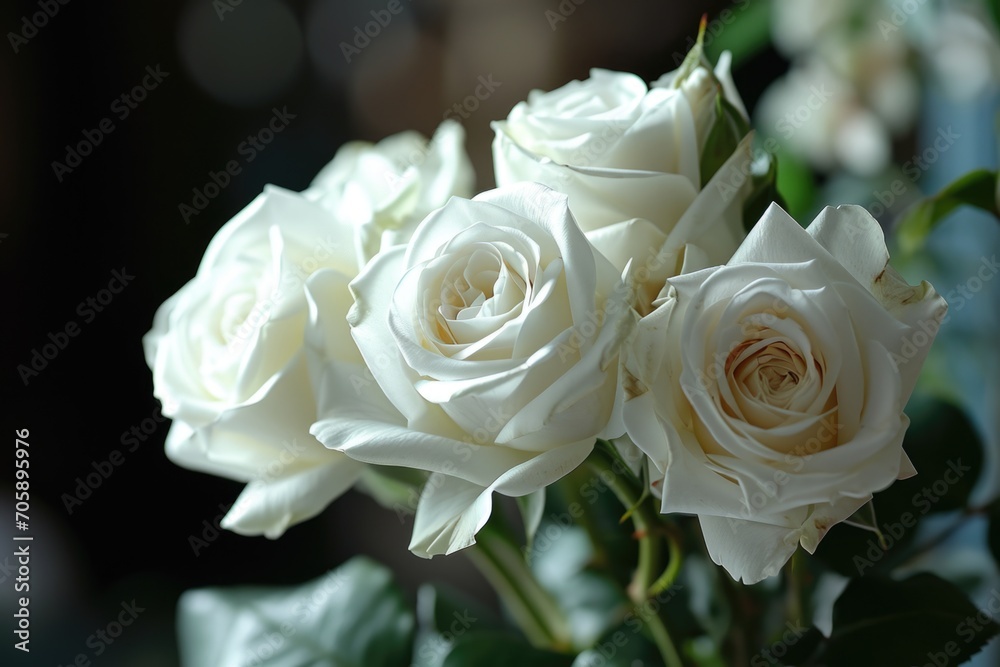 A beautiful arrangement of white roses in a vase. Perfect for adding elegance and freshness to any space A beautiful arrangement of white roses in a vase. Perfect for adding elegance and freshness to any space