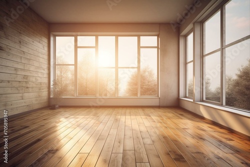 Sunlit interior with hardwood floor and wall. Generative AI © Calvin