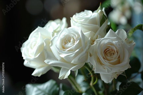 A beautiful arrangement of white roses in a vase. Perfect for adding elegance and freshness to any space