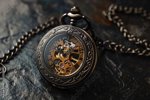A classic pocket watch with an intricate design on a dark background