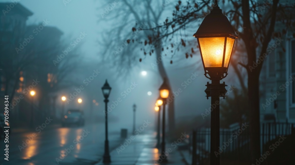 A street light shining in the rain on a dark, wet night. Suitable for various uses