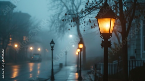 A street light shining in the rain on a dark, wet night. Suitable for various uses