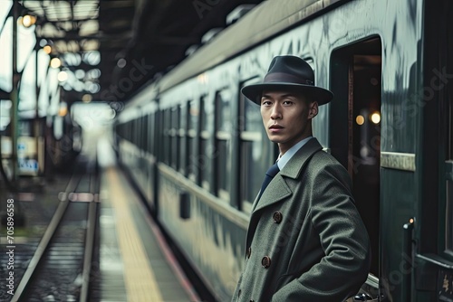 At an old train station A male model in a retro-inspired outfit awaits a train His look nostalgic yet timelessly fashionable photo