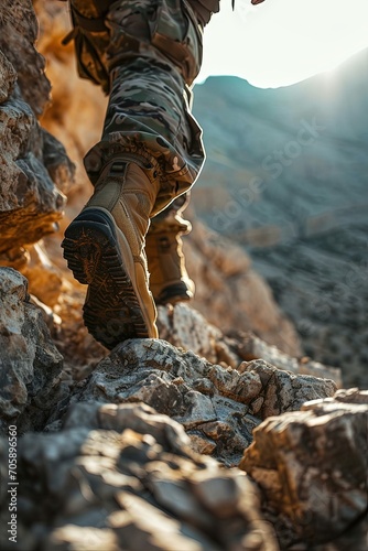 A soldier in camouflage and military boots climbs a mountain. Space for text.