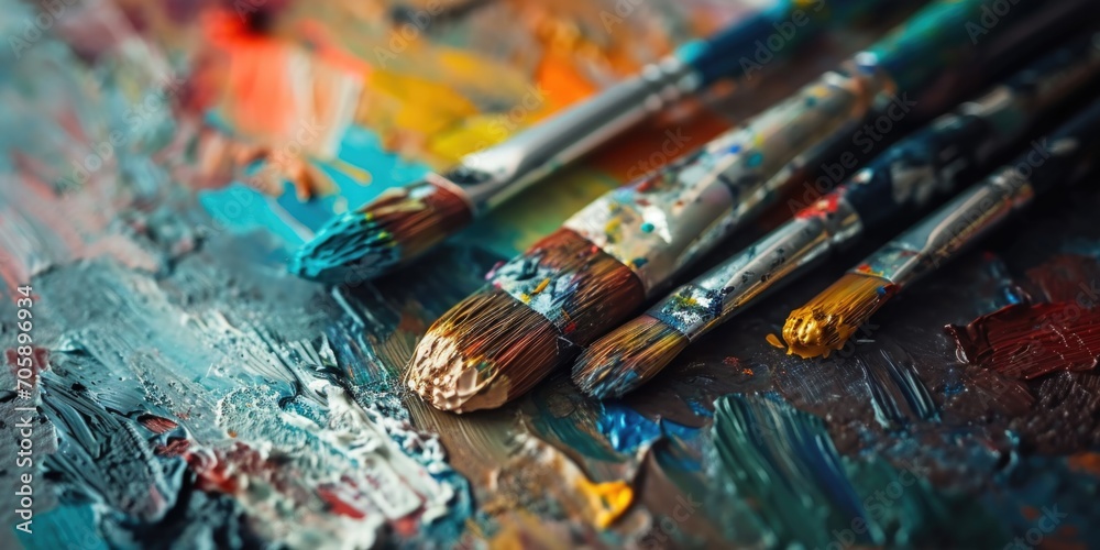 A close-up view of paint brushes on a table. Ideal for art and creative projects A close-up view of paint brushes on a table. Ideal for art and creative projects