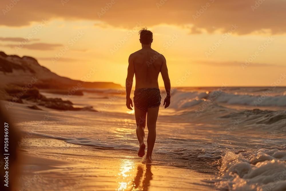 In the golden light of sunset A male model in beachwear strolls along the shore Capturing a moment of peaceful escapism In the golden light of sunset A male model in beachwear strolls along the shore Capturing a moment of peaceful escapism
