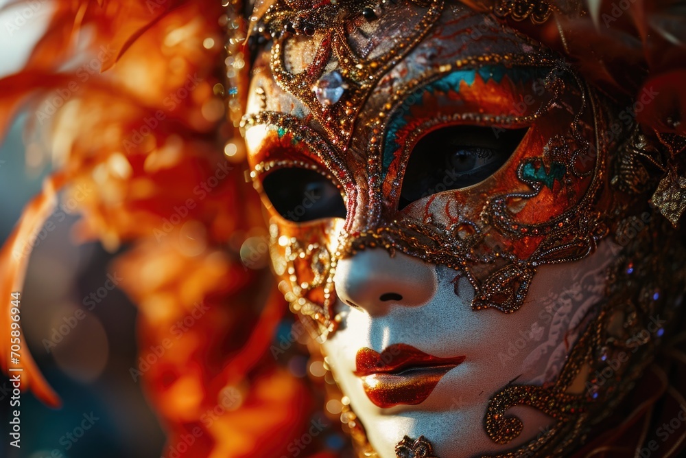 A close up of a mask adorned with feathers. This versatile image can be used for various occasions and themes A close up of a mask adorned with feathers. This versatile image can be used for various occasions and themes