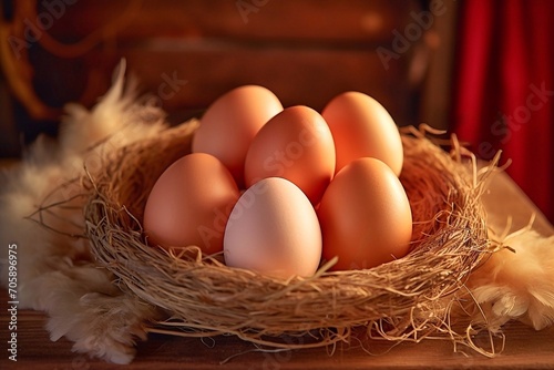 Chicken eggs in a nest on a wooden background. Easter concept.
