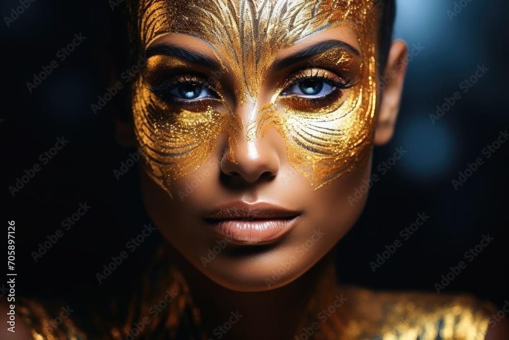 A portait of a stunning woman with a golden face makeup. A portait of a stunning woman with a golden face makeup.