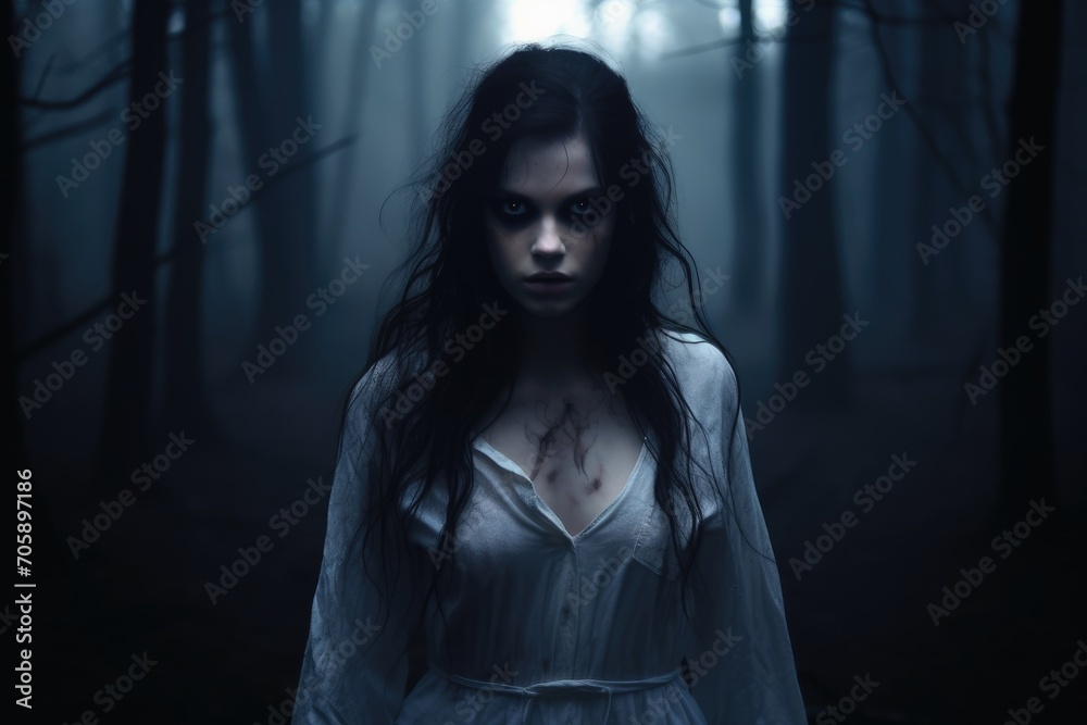 A terrifying spooky woman in a dark horror light. A terrifying spooky woman in a dark horror light.