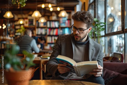 Male model in smart casual attire Reading a book in a cozy caf A blend of intellectual appeal and relaxed style