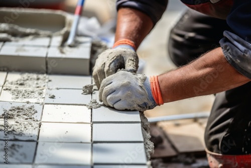 A tiler at work on the floor.