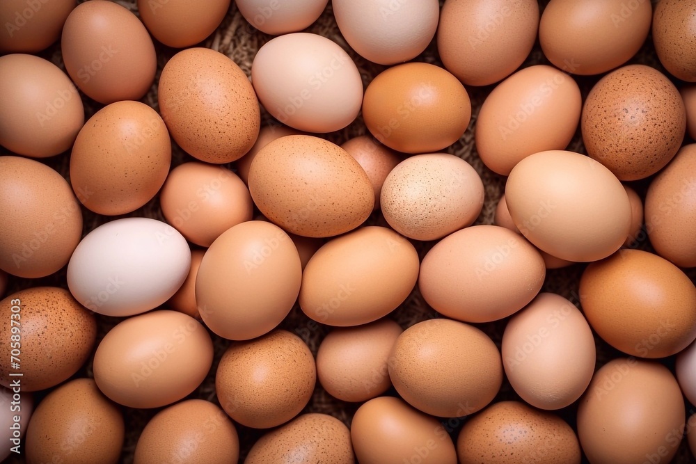 Chicken eggs straw background. Top view of fresh brown and white eggs background.