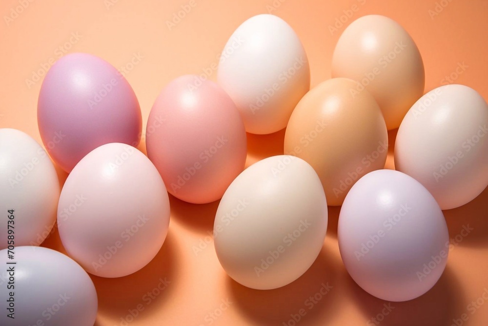 White and pink Easter eggs on a pastel orange background. Happy Easter concept. Top view.