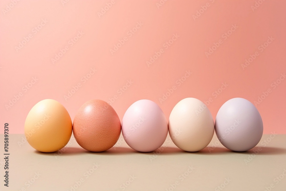 Easter eggs in pastel colors in a row on pastel pink backgrounds with copy space.
