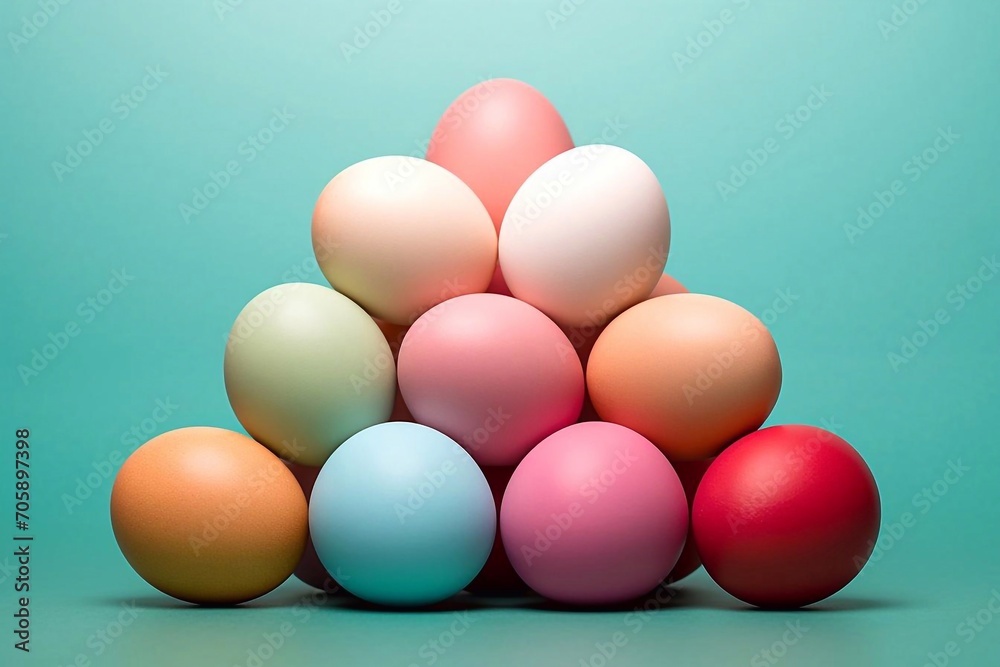 Colorful easter eggs arranged in a pyramid on turquoise background